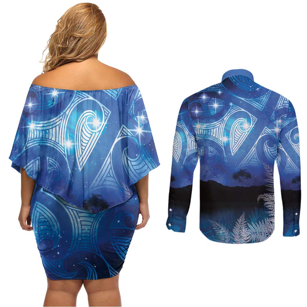 NZ Maori Matariki Scenery Couples Matching Off Shoulder Short Dress and Long Sleeve Button Shirt Galaxy Sky LT7 - Polynesian Pride