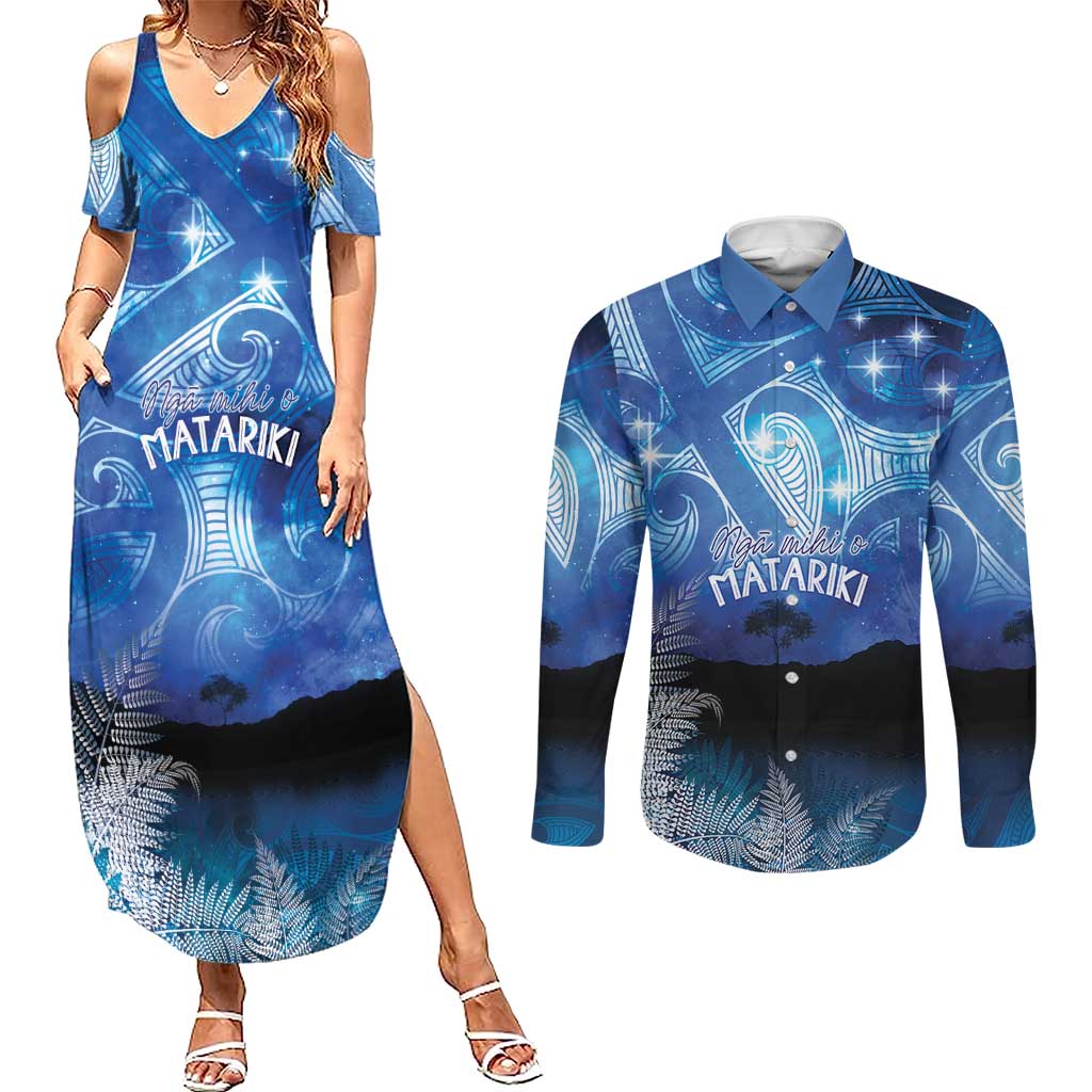 NZ Maori Matariki Scenery Couples Matching Summer Maxi Dress and Long Sleeve Button Shirt Galaxy Sky LT7 Galaxy - Polynesian Pride