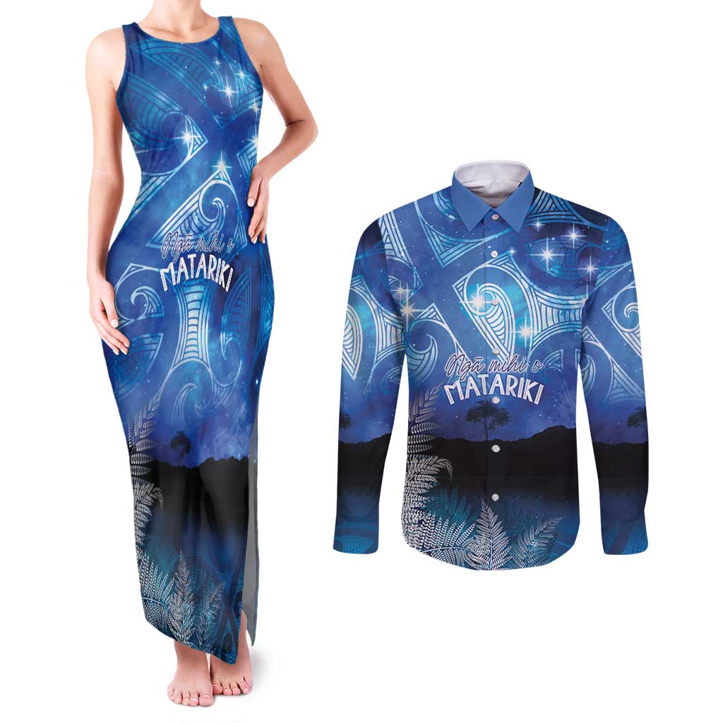 NZ Maori Matariki Scenery Couples Matching Tank Maxi Dress and Long Sleeve Button Shirt Galaxy Sky LT7 Galaxy - Polynesian Pride