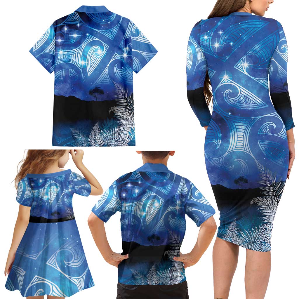 NZ Maori Matariki Scenery Family Matching Long Sleeve Bodycon Dress and Hawaiian Shirt Galaxy Sky