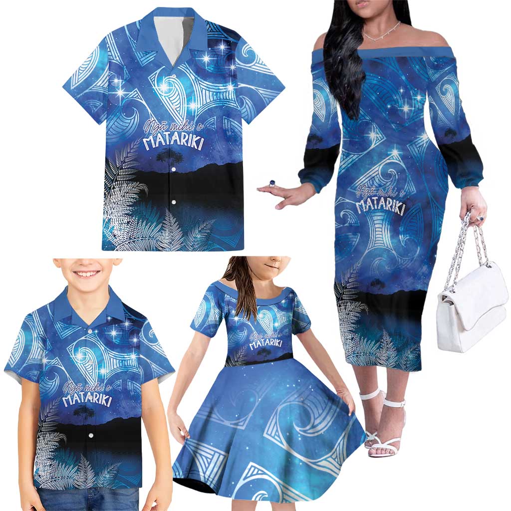 NZ Maori Matariki Scenery Family Matching Off The Shoulder Long Sleeve Dress and Hawaiian Shirt Galaxy Sky