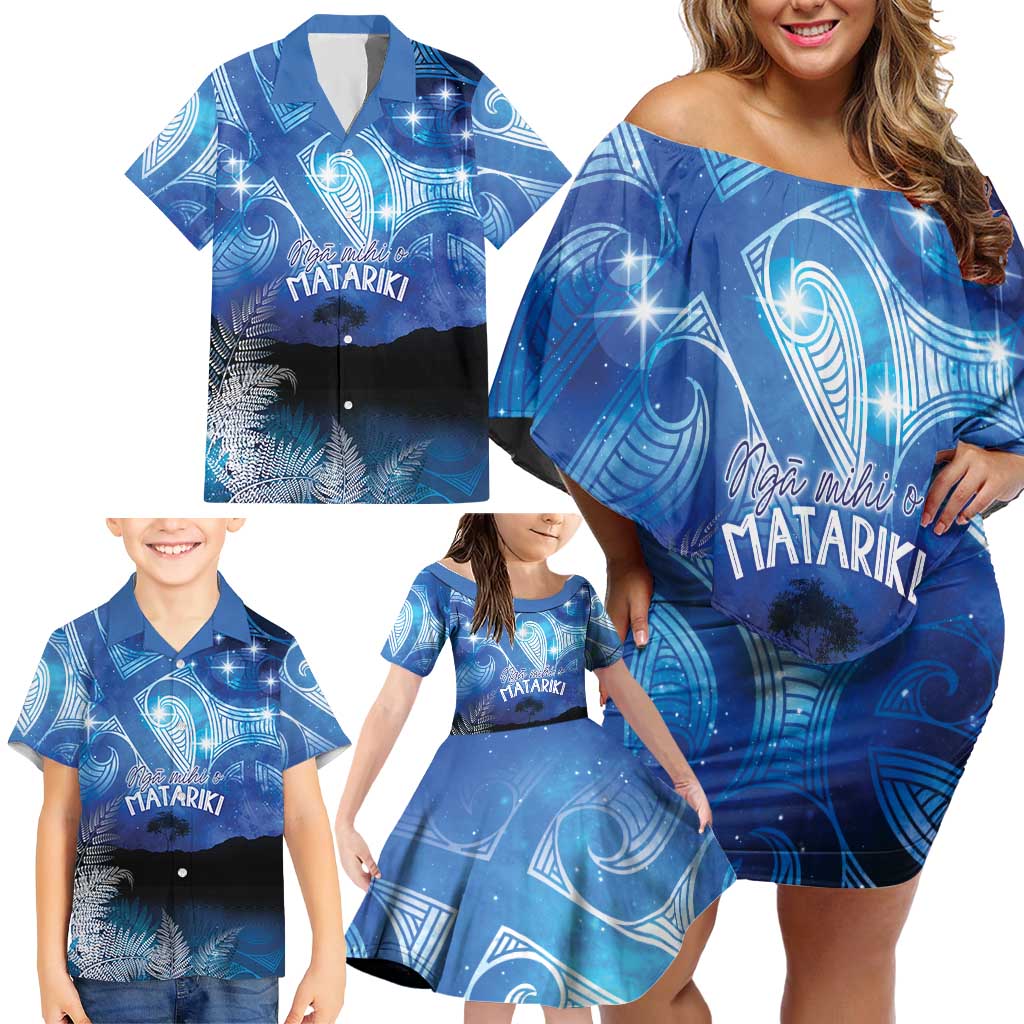 NZ Maori Matariki Scenery Family Matching Off Shoulder Short Dress and Hawaiian Shirt Galaxy Sky LT7 - Polynesian Pride