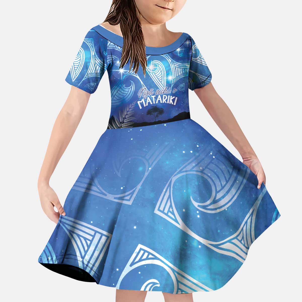 NZ Maori Matariki Scenery Kid Short Sleeve Dress Galaxy Sky