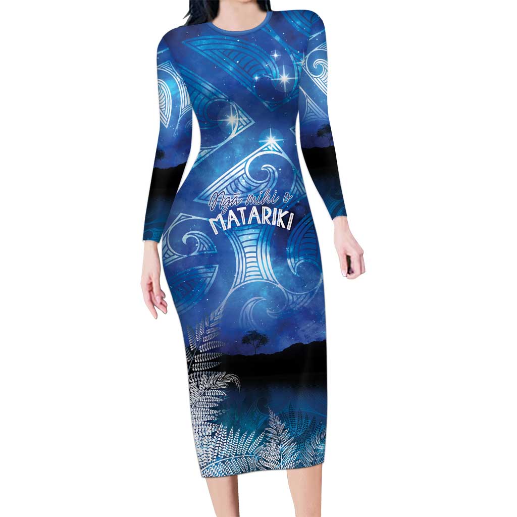 NZ Maori Matariki Scenery Long Sleeve Bodycon Dress Galaxy Sky LT7 Long Dress Galaxy - Polynesian Pride