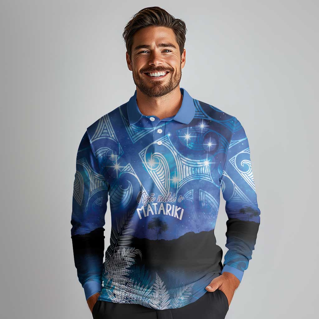 NZ Maori Matariki Scenery Long Sleeve Polo Shirt Galaxy Sky LT7 - Polynesian Pride