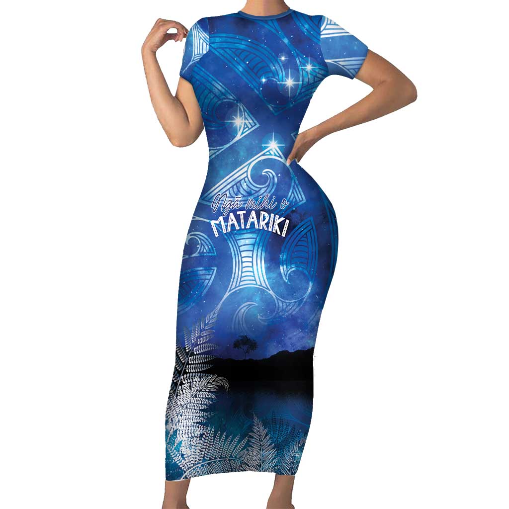 NZ Maori Matariki Scenery Short Sleeve Bodycon Dress Galaxy Sky LT7 Long Dress Galaxy - Polynesian Pride