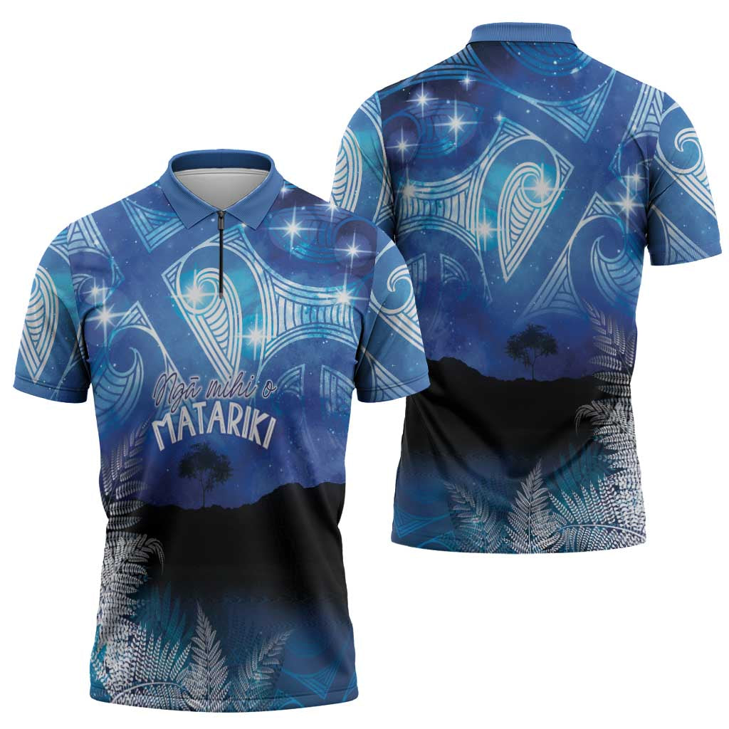 NZ Maori Matariki Scenery Zipper Polo Shirt Galaxy Sky LT7 - Polynesian Pride