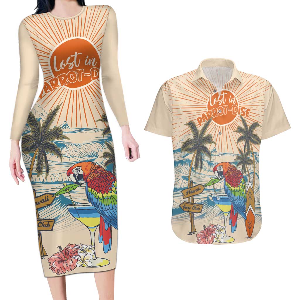 Personalized Christmas In July - Hawaii Retro Couples Matching Long Sleeve Bodycon Dress and Hawaiian Shirt Lost In Parrot-dise LT7 Beige - Polynesian Pride