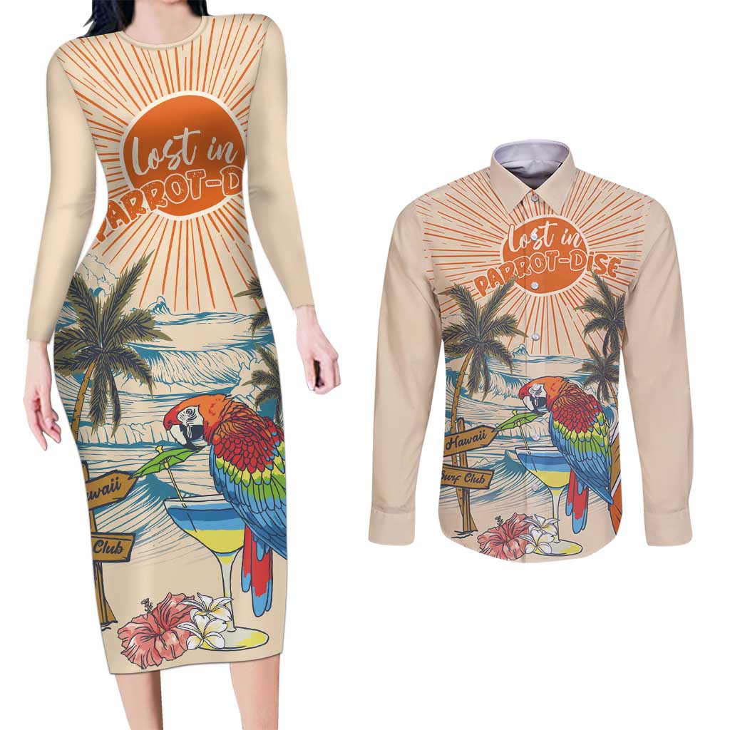 Personalized Christmas In July - Hawaii Retro Couples Matching Long Sleeve Bodycon Dress and Long Sleeve Button Shirt Lost In Parrot-dise LT7 Beige - Polynesian Pride