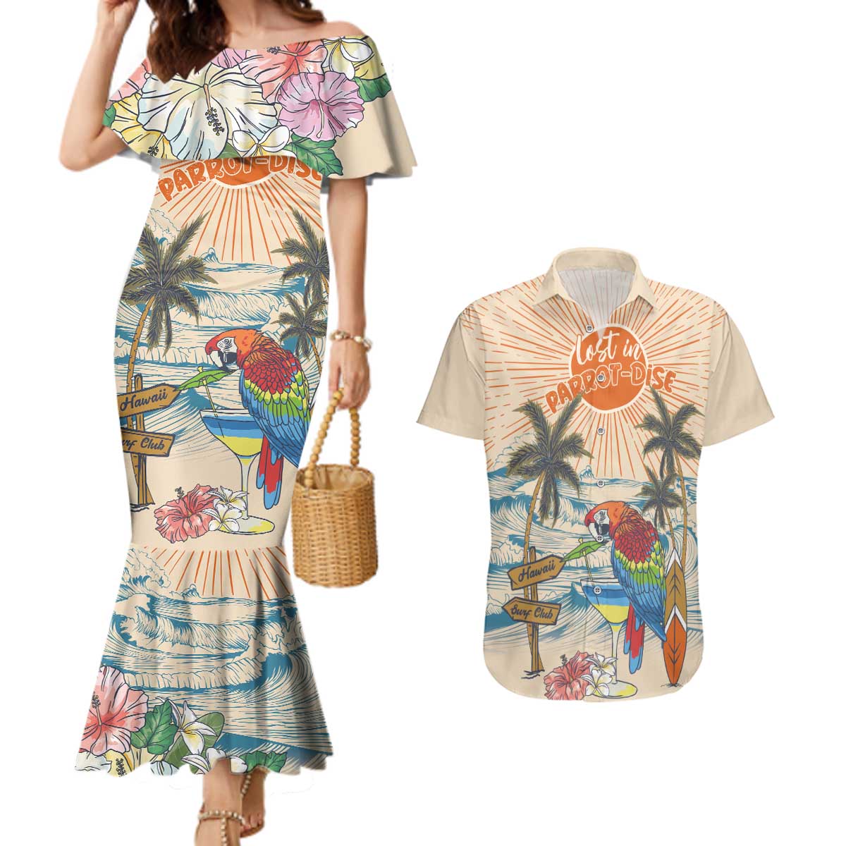 Personalized Christmas In July - Hawaii Retro Couples Matching Mermaid Dress and Hawaiian Shirt Lost In Parrot-dise LT7 Beige - Polynesian Pride