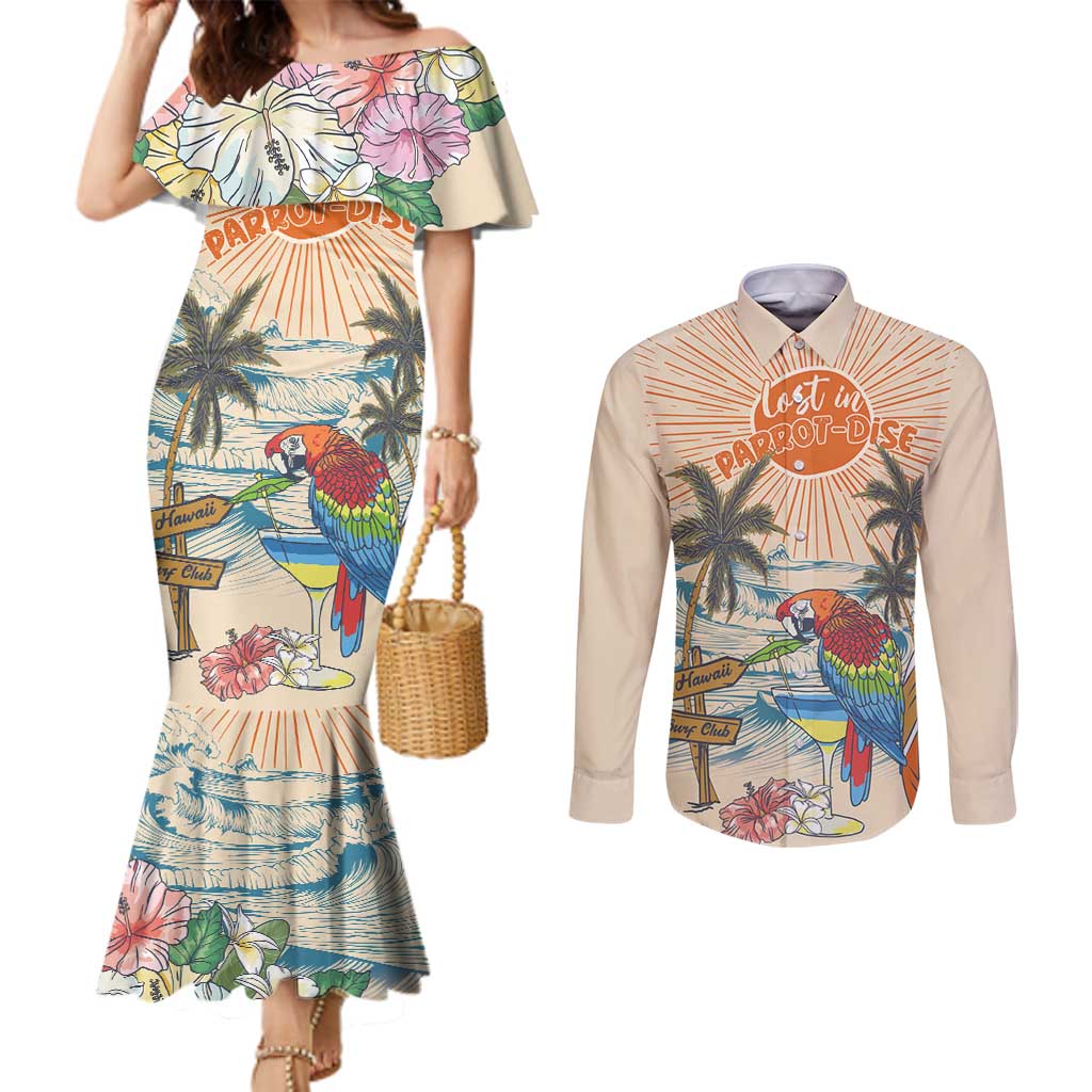 Personalized Christmas In July - Hawaii Retro Couples Matching Mermaid Dress and Long Sleeve Button Shirt Lost In Parrot-dise LT7 Beige - Polynesian Pride