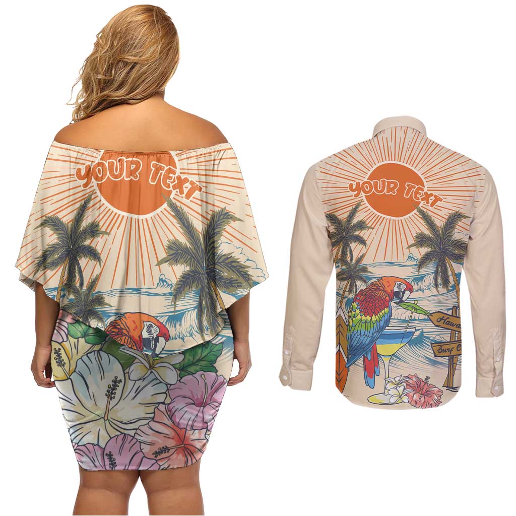 Personalized Christmas In July - Hawaii Retro Couples Matching Off Shoulder Short Dress and Long Sleeve Button Shirt Lost In Parrot-dise