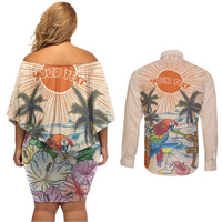 Personalized Christmas In July - Hawaii Retro Couples Matching Off Shoulder Short Dress and Long Sleeve Button Shirt Lost In Parrot-dise