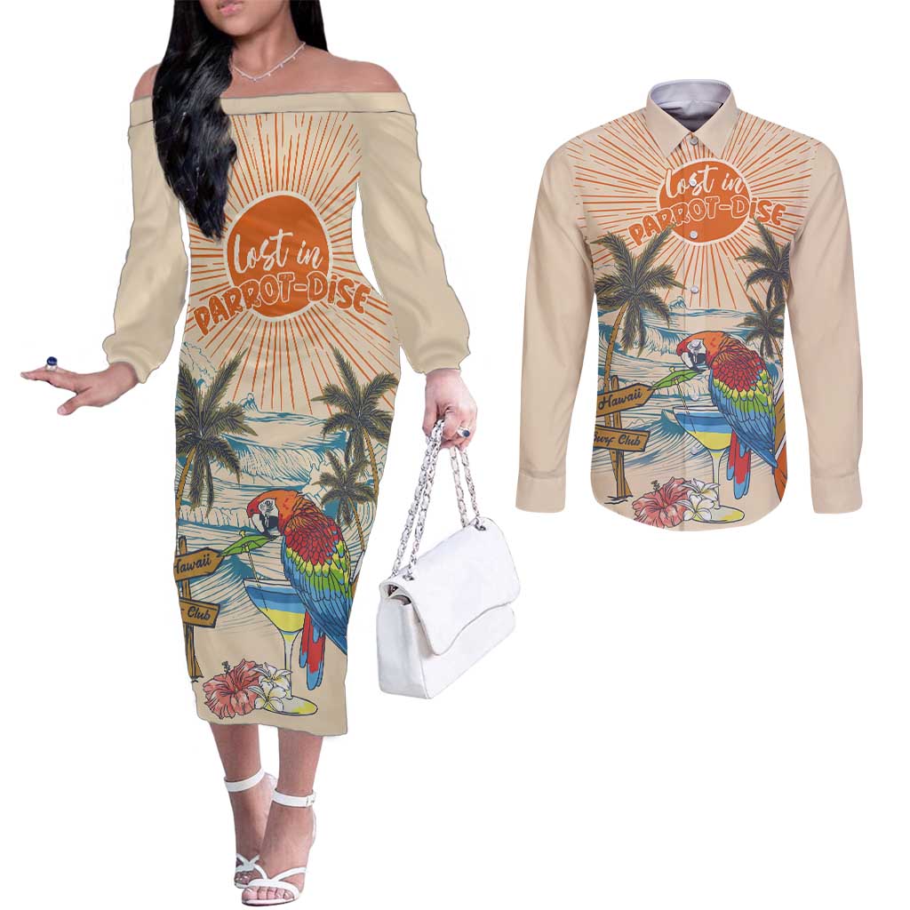 Personalized Christmas In July - Hawaii Retro Couples Matching Off The Shoulder Long Sleeve Dress and Long Sleeve Button Shirt Lost In Parrot-dise LT7 Beige - Polynesian Pride
