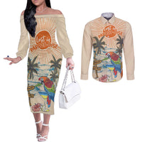 Personalized Christmas In July - Hawaii Retro Couples Matching Off The Shoulder Long Sleeve Dress and Long Sleeve Button Shirt Lost In Parrot-dise LT7 Beige - Polynesian Pride