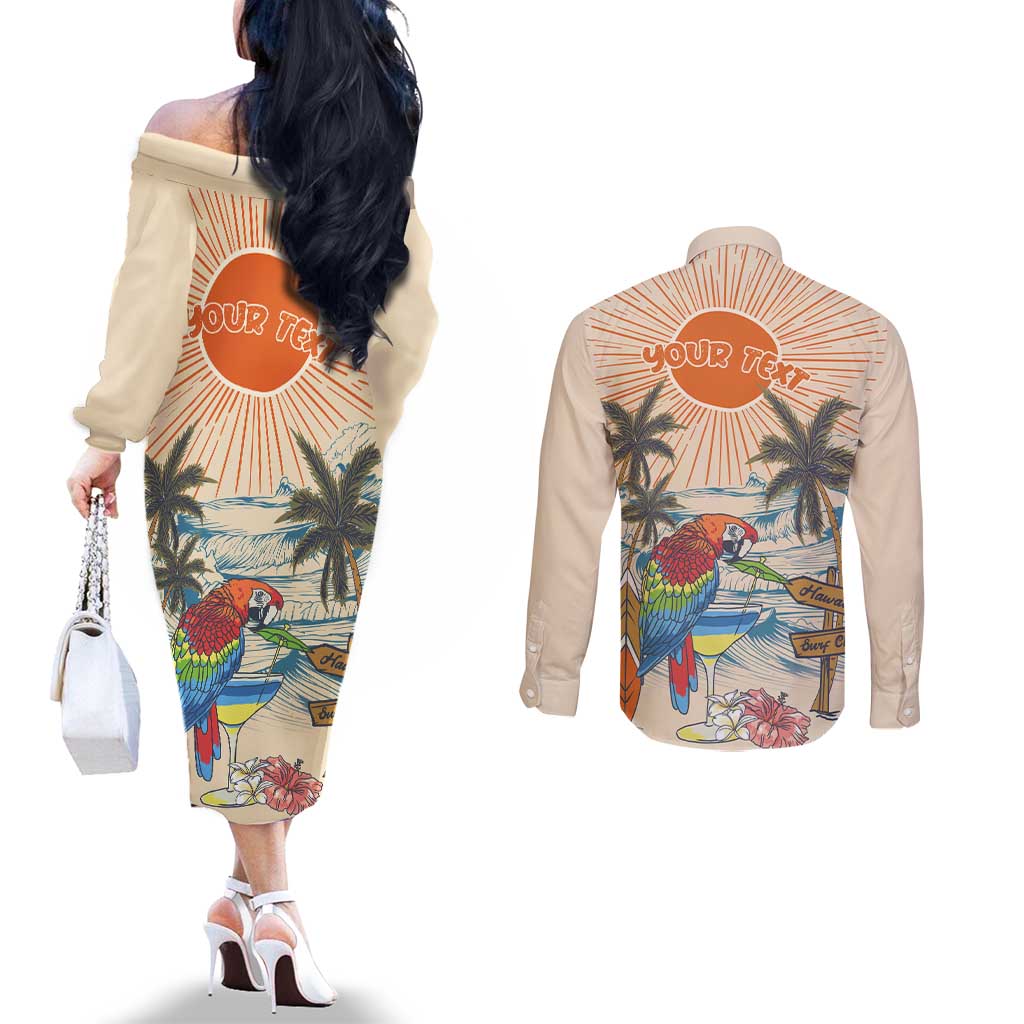 Personalized Christmas In July - Hawaii Retro Couples Matching Off The Shoulder Long Sleeve Dress and Long Sleeve Button Shirt Lost In Parrot-dise LT7 - Polynesian Pride