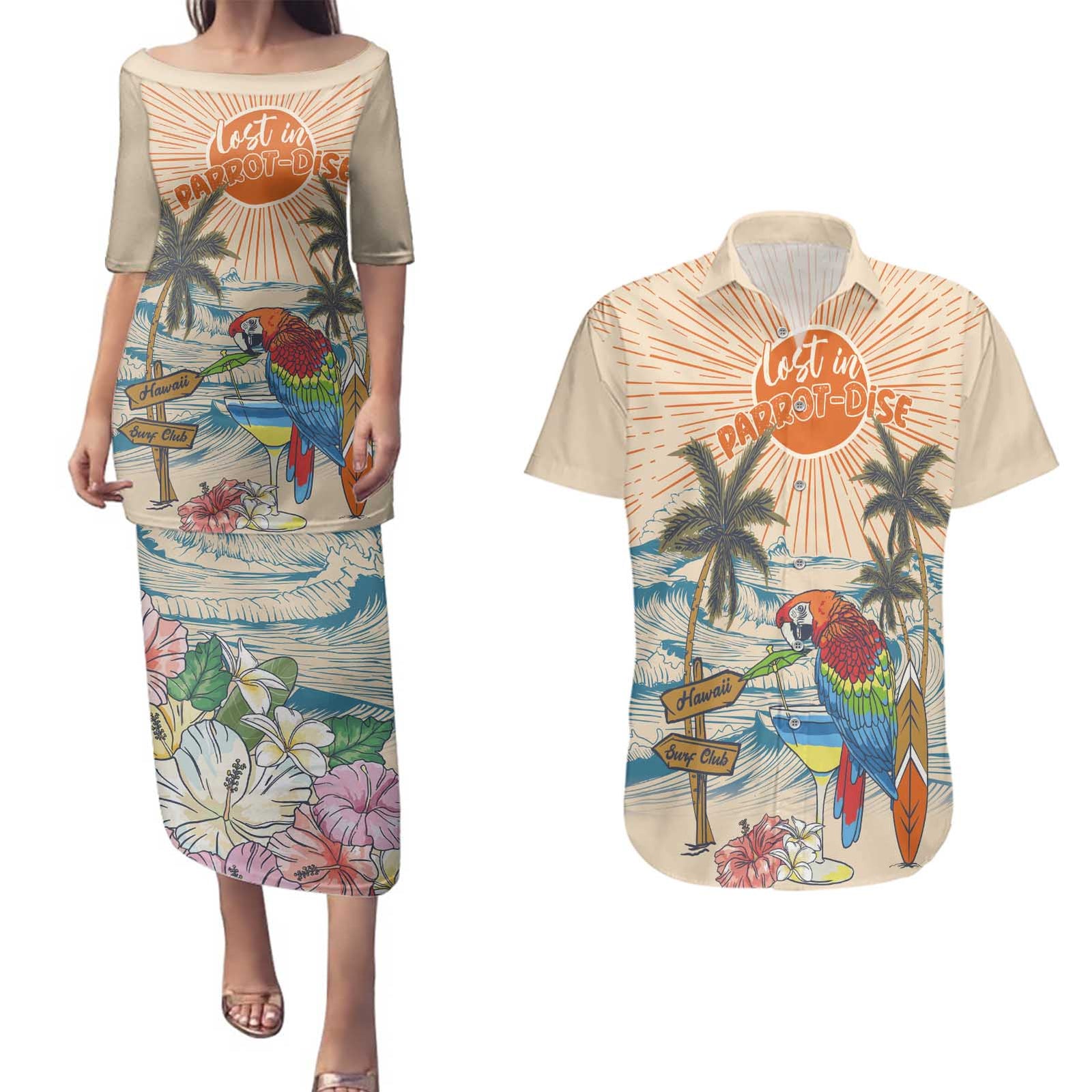 Personalized Christmas In July - Hawaii Retro Couples Matching Puletasi and Hawaiian Shirt Lost In Parrot-dise LT7 Beige - Polynesian Pride
