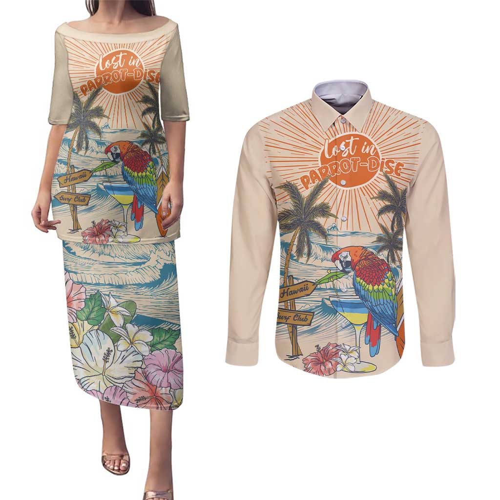 Personalized Christmas In July - Hawaii Retro Couples Matching Puletasi and Long Sleeve Button Shirt Lost In Parrot-dise LT7 Beige - Polynesian Pride