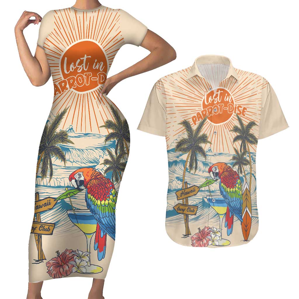 Personalized Christmas In July - Hawaii Retro Couples Matching Short Sleeve Bodycon Dress and Hawaiian Shirt Lost In Parrot-dise LT7 Beige - Polynesian Pride