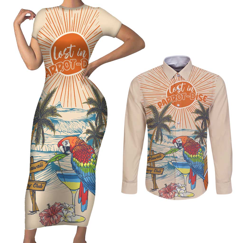 Personalized Christmas In July - Hawaii Retro Couples Matching Short Sleeve Bodycon Dress and Long Sleeve Button Shirt Lost In Parrot-dise LT7 Beige - Polynesian Pride