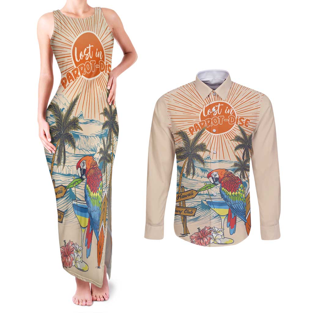 Personalized Christmas In July - Hawaii Retro Couples Matching Tank Maxi Dress and Long Sleeve Button Shirt Lost In Parrot-dise LT7 Beige - Polynesian Pride