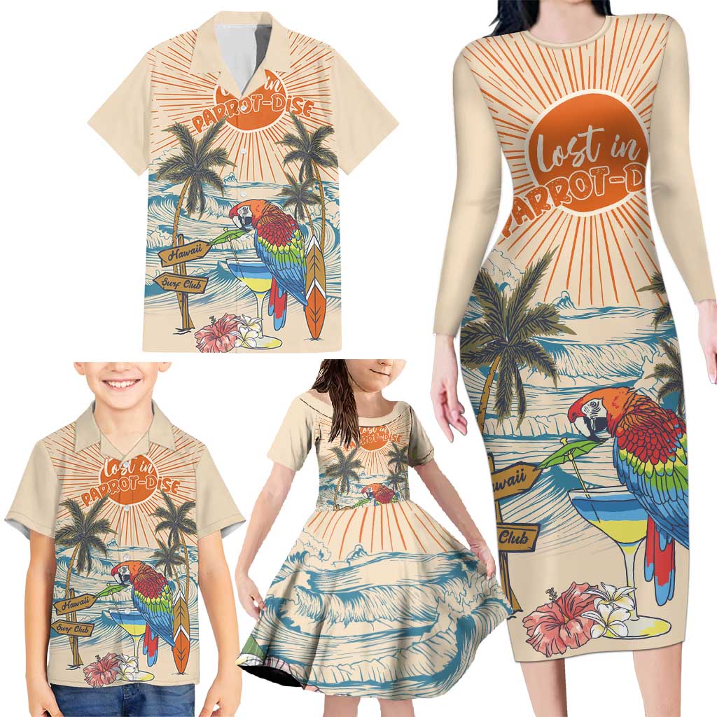 Personalized Christmas In July - Hawaii Retro Family Matching Long Sleeve Bodycon Dress and Hawaiian Shirt Lost In Parrot-dise
