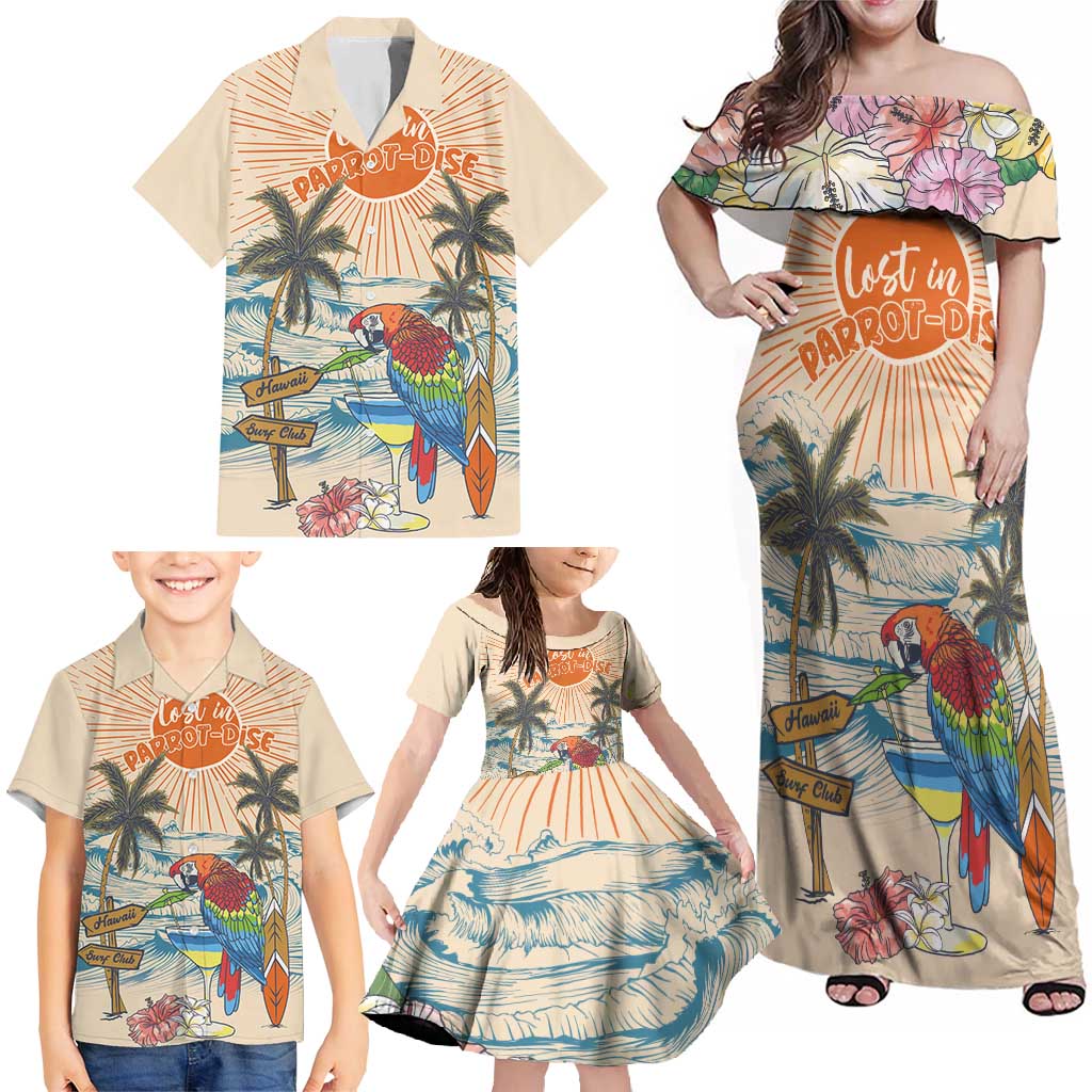 Personalized Christmas In July - Hawaii Retro Family Matching Off Shoulder Maxi Dress and Hawaiian Shirt Lost In Parrot-dise