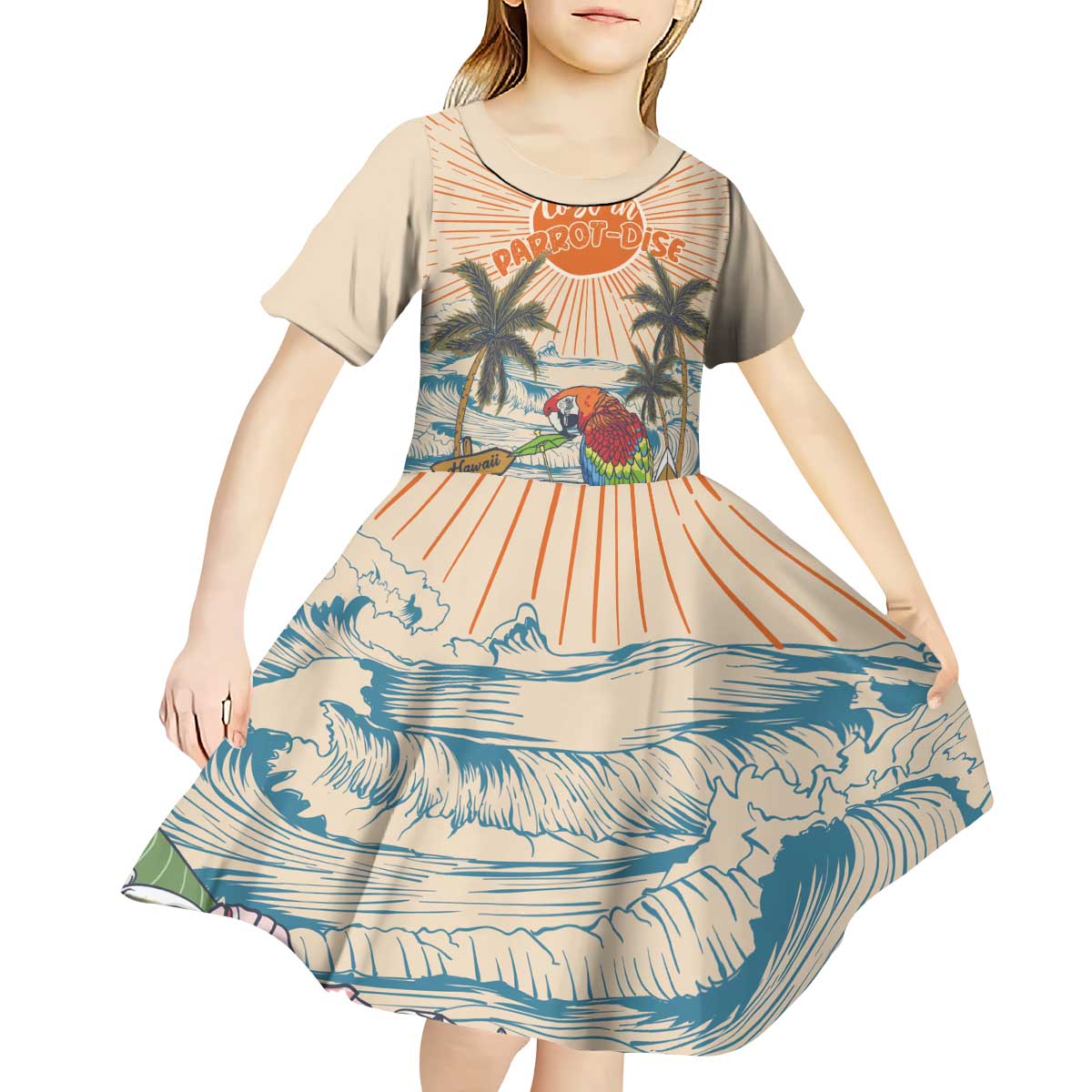 Personalized Christmas In July - Hawaii Retro Kid Short Sleeve Dress Lost In Parrot-dise LT7 - Polynesian Pride
