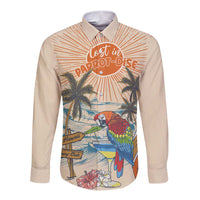 Personalized Christmas In July - Hawaii Retro Long Sleeve Button Shirt Lost In Parrot-dise LT7 Unisex Beige - Polynesian Pride