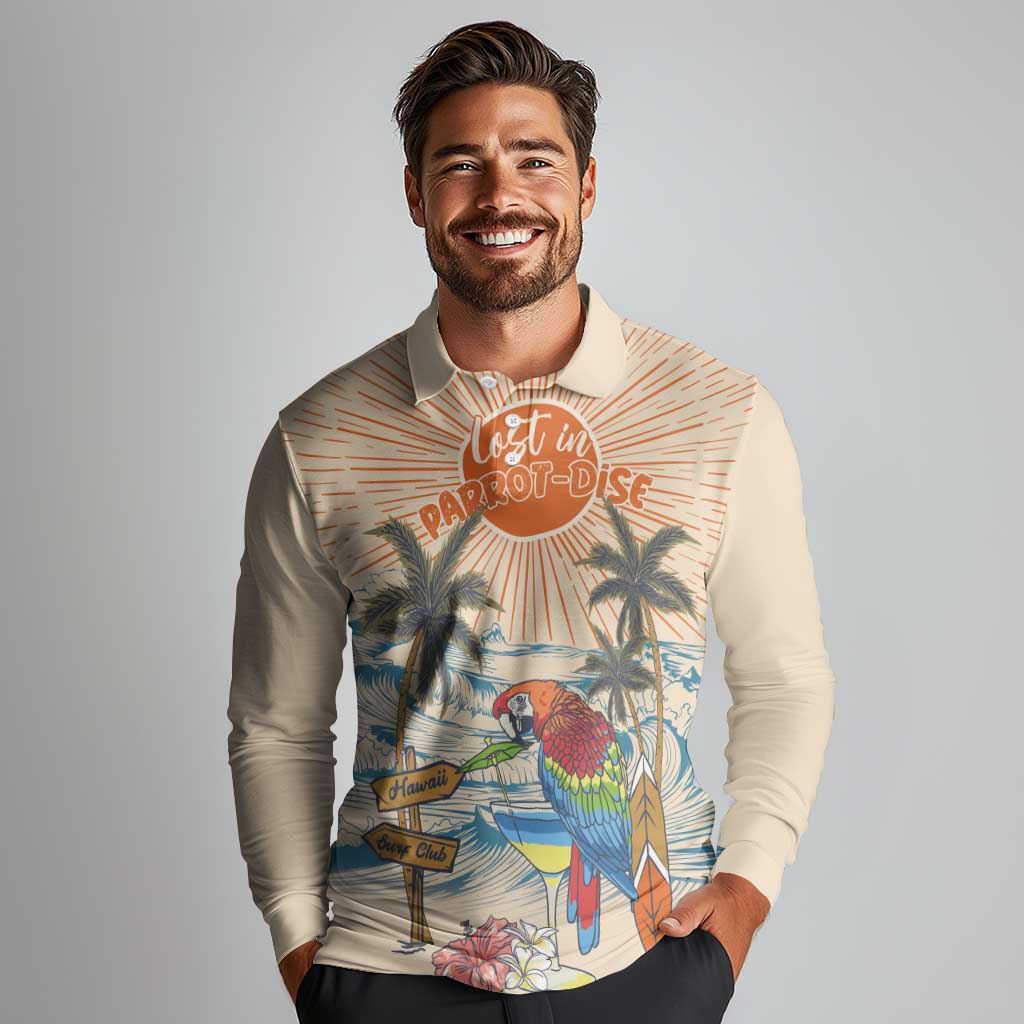 Personalized Christmas In July - Hawaii Retro Long Sleeve Polo Shirt Lost In Parrot-dise