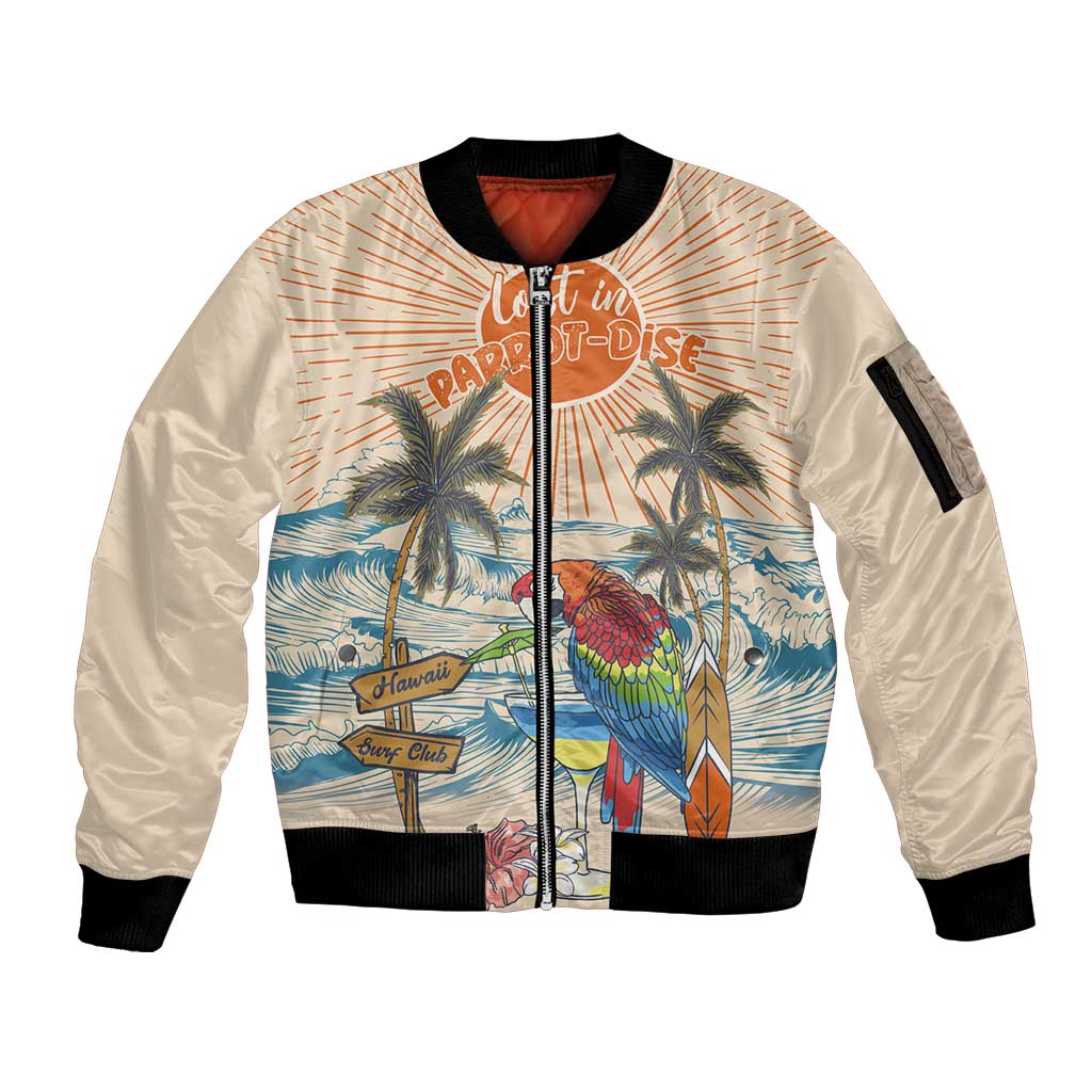 Personalized Christmas In July - Hawaii Retro Sleeve Zip Bomber Jacket Lost In Parrot-dise