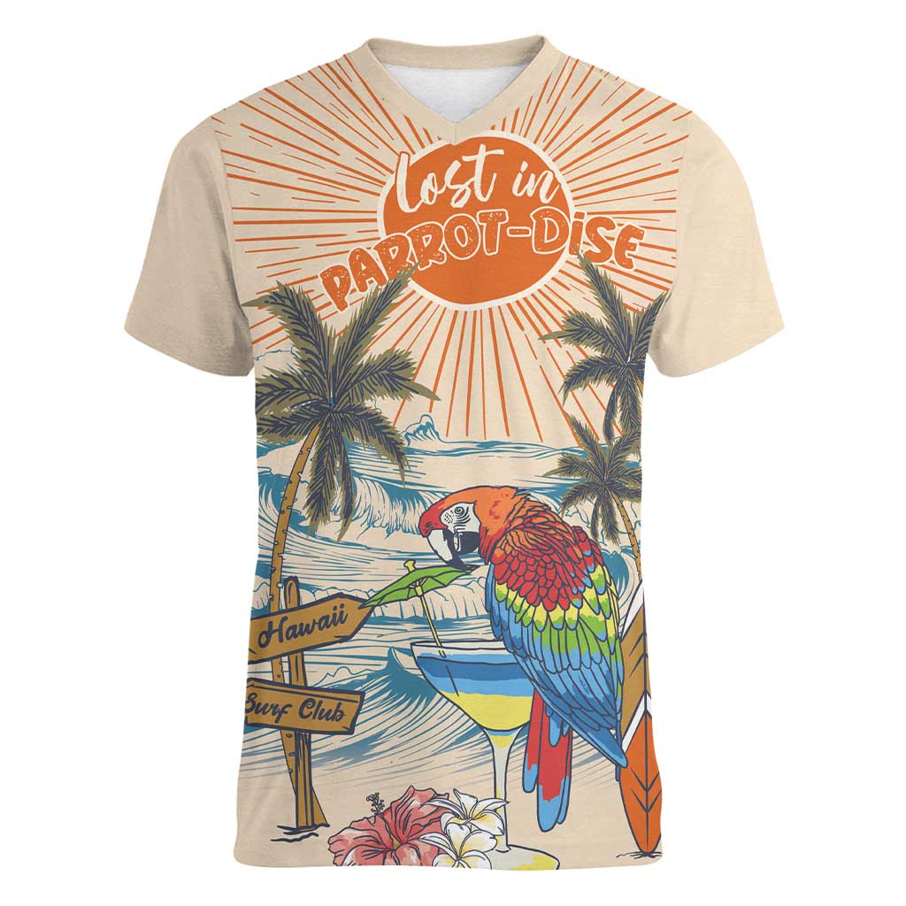 Personalized Christmas In July - Hawaii Retro Women V-Neck T-Shirt Lost In Parrot-dise
