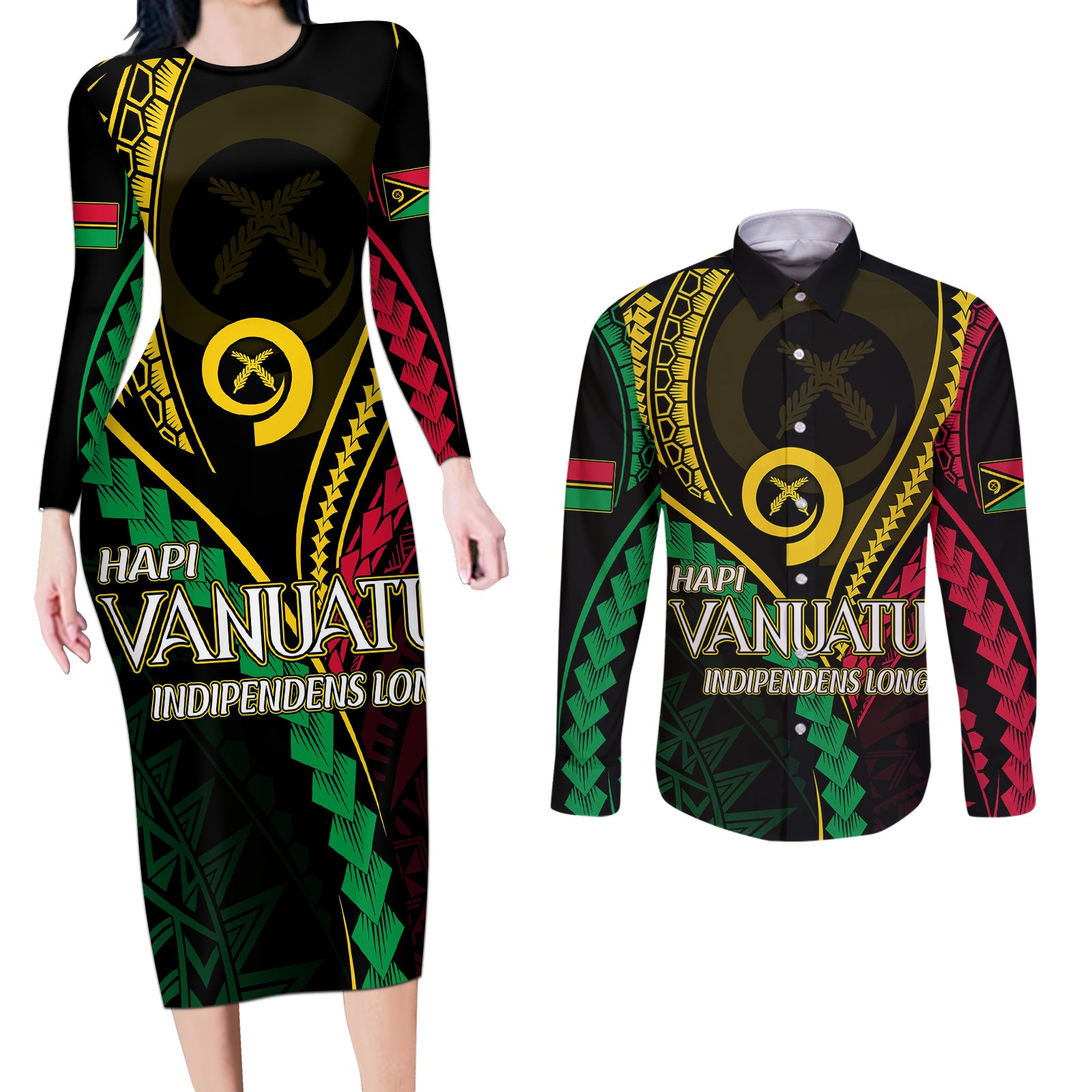 Personalised Vanuatu Couples Matching Long Sleeve Bodycon Dress and Long Sleeve Button Shirts 43rd Hapi Indipendens Long LT7 Black - Polynesian Pride