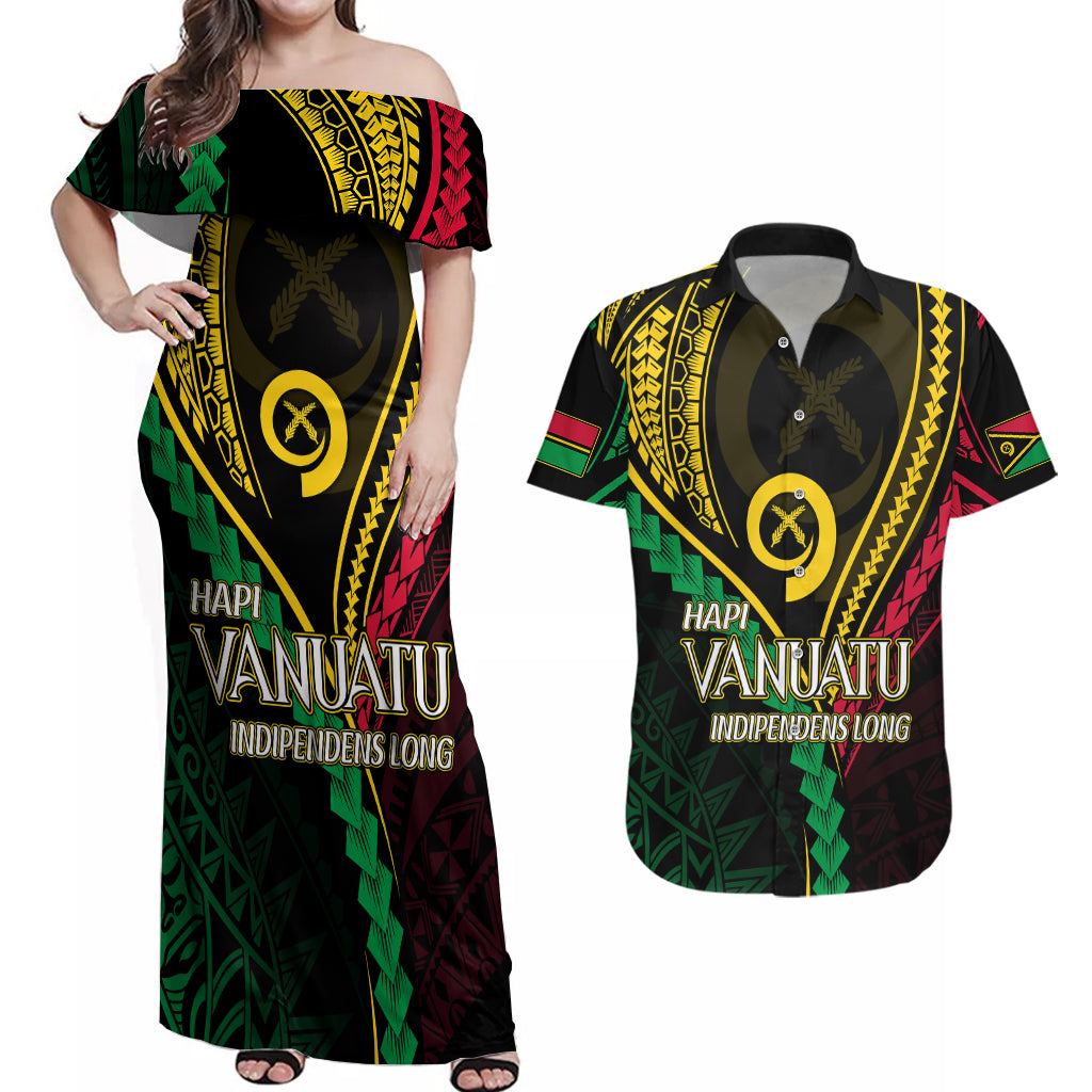 Personalised Vanuatu Couples Matching Off Shoulder Maxi Dress and Hawaiian Shirt 43rd Hapi Indipendens Long LT7 Black - Polynesian Pride