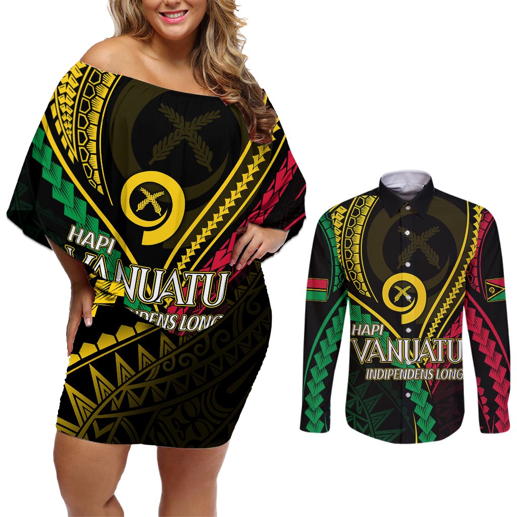 Personalised Vanuatu Couples Matching Off Shoulder Short Dress and Long Sleeve Button Shirts 44th Hapi Indipendens Long LT7 Black - Polynesian Pride