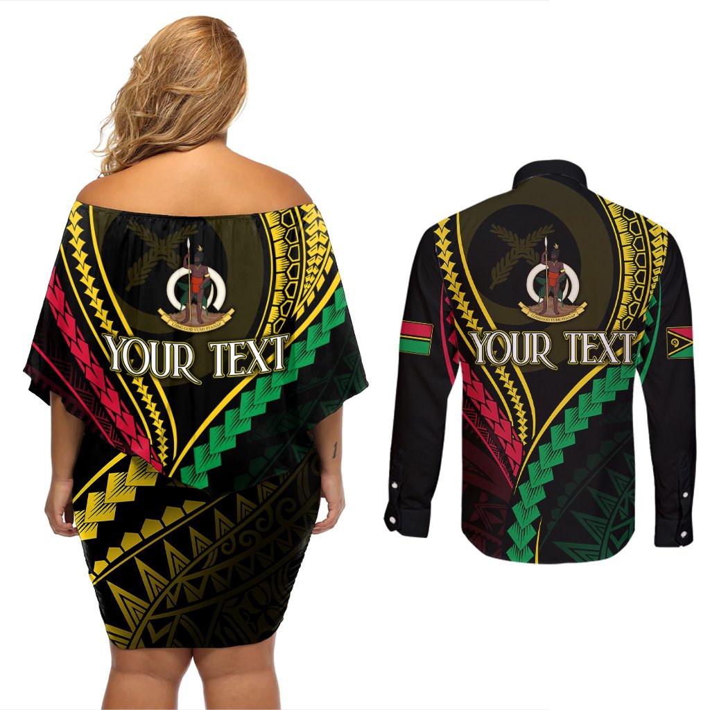 Personalised Vanuatu Couples Matching Off Shoulder Short Dress and Long Sleeve Button Shirts 44th Hapi Indipendens Long LT7 - Polynesian Pride