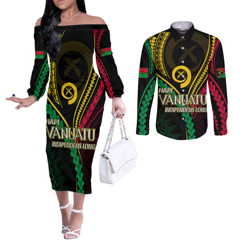 Personalised Vanuatu Couples Matching Off The Shoulder Long Sleeve Dress and Long Sleeve Button Shirts 44th Hapi Indipendens Long LT7 Black - Polynesian Pride