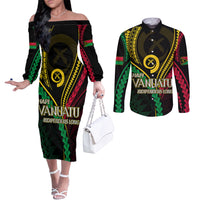 Personalised Vanuatu Couples Matching Off The Shoulder Long Sleeve Dress and Long Sleeve Button Shirts 44th Hapi Indipendens Long LT7 Black - Polynesian Pride
