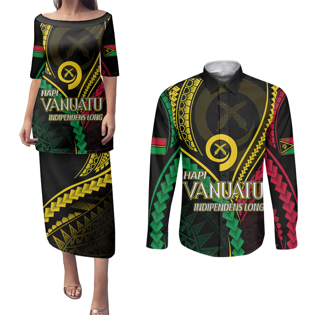 Personalised Vanuatu Couples Matching Puletasi Dress and Long Sleeve Button Shirts 44th Hapi Indipendens Long LT7 Black - Polynesian Pride
