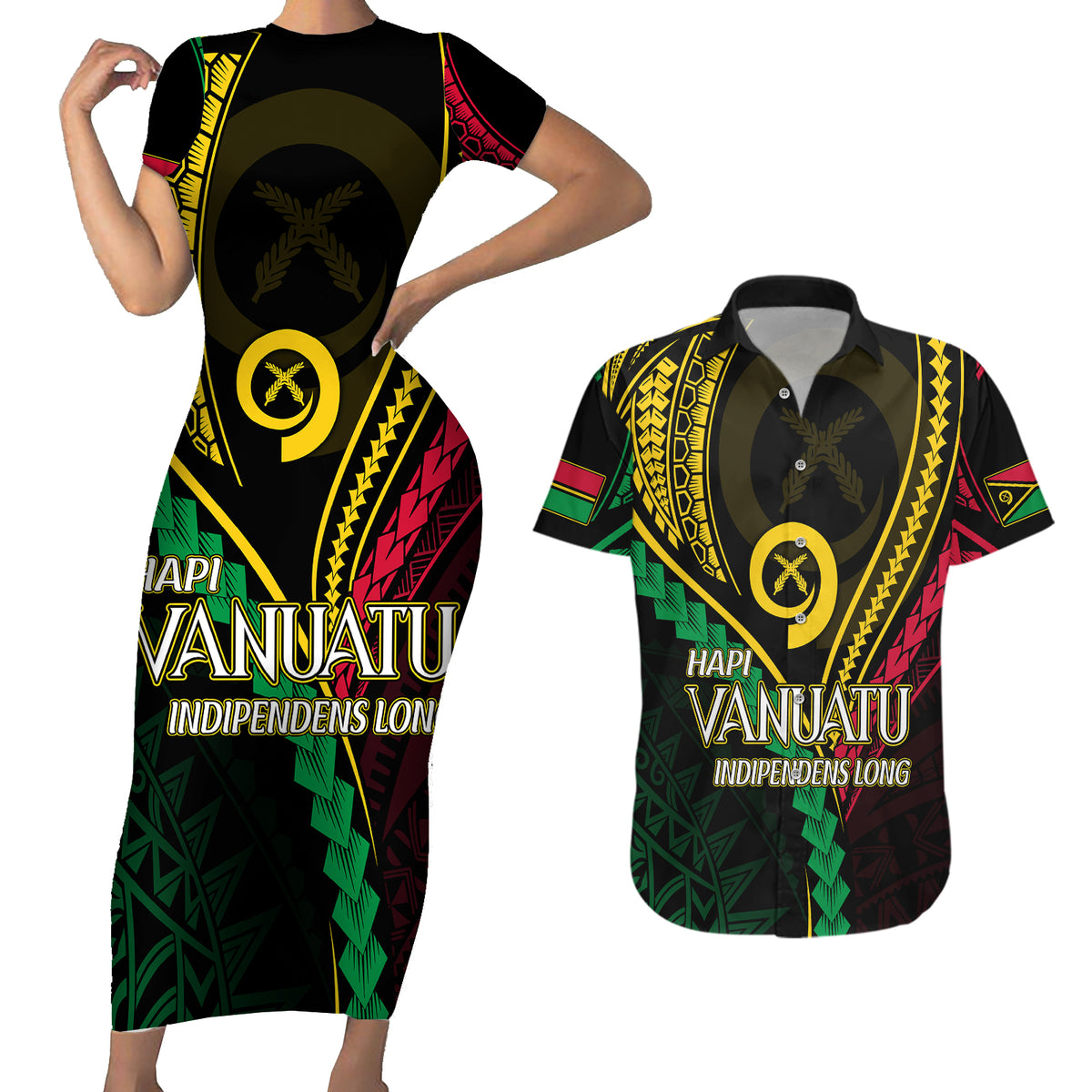 Personalised Vanuatu Couples Matching Short Sleeve Bodycon Dress and Hawaiian Shirt 44th Hapi Indipendens Long LT7 Black - Polynesian Pride