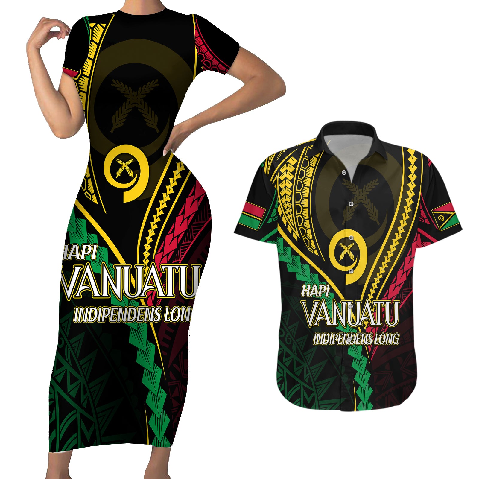 Personalised Vanuatu Couples Matching Short Sleeve Bodycon Dress and Hawaiian Shirt 43rd Hapi Indipendens Long LT7 Black - Polynesian Pride