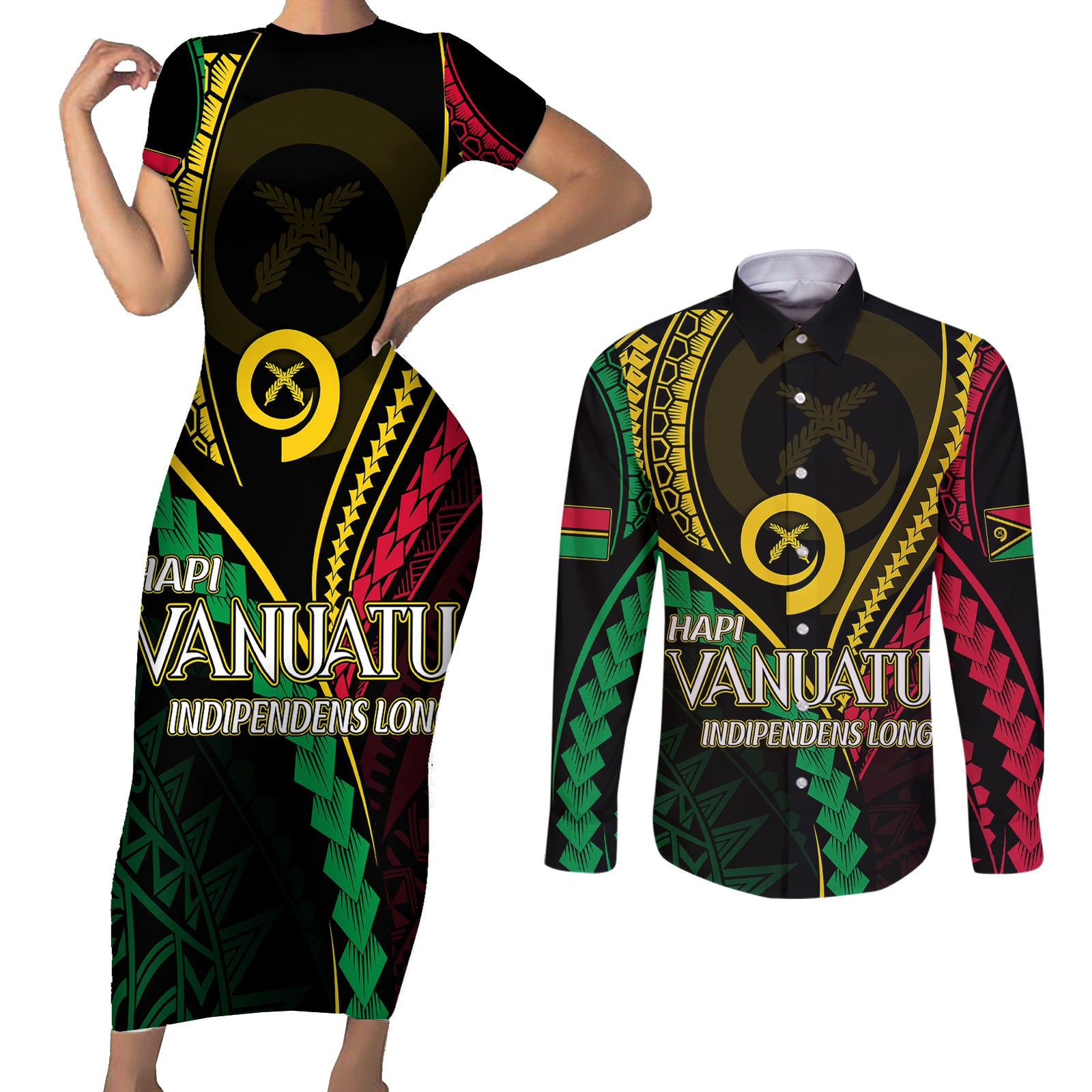 Personalised Vanuatu Couples Matching Short Sleeve Bodycon Dress and Long Sleeve Button Shirts 44th Hapi Indipendens Long LT7 Black - Polynesian Pride