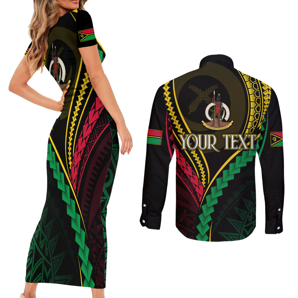 Personalised Vanuatu Couples Matching Short Sleeve Bodycon Dress and Long Sleeve Button Shirts 44th Hapi Indipendens Long LT7 - Polynesian Pride