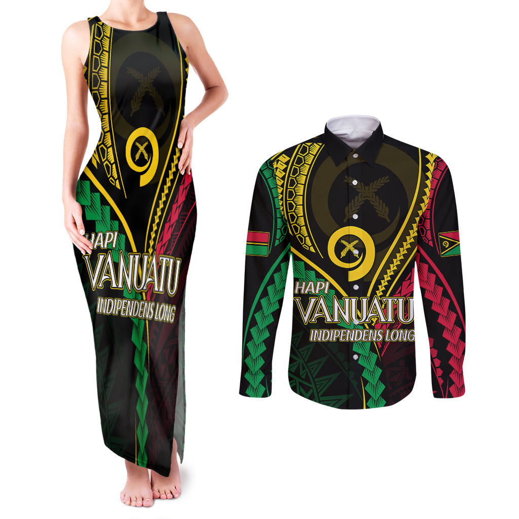 Personalised Vanuatu Couples Matching Tank Maxi Dress and Long Sleeve Button Shirts 44th Hapi Indipendens Long LT7 Black - Polynesian Pride