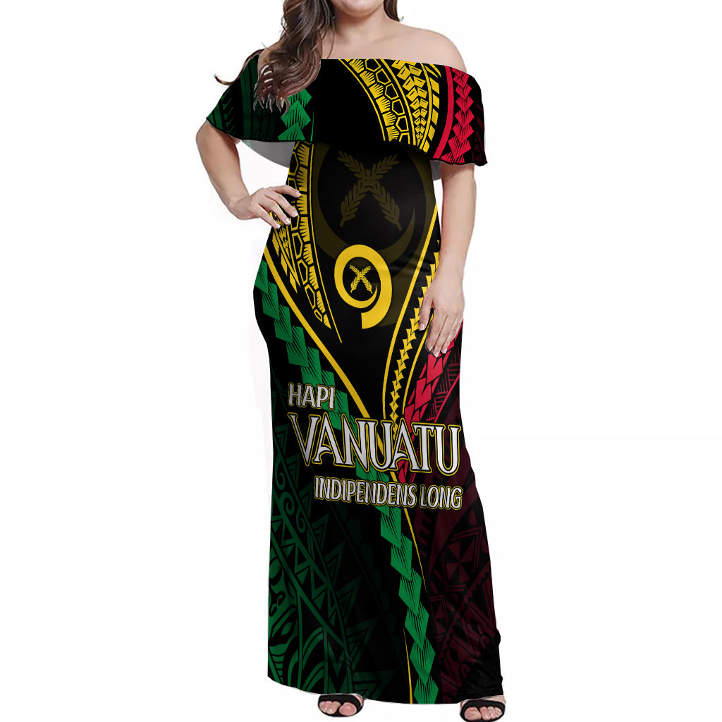 Personalised Vanuatu Off Shoulder Maxi Dress 44th Hapi Indipendens Long LT7 Women Black - Polynesian Pride
