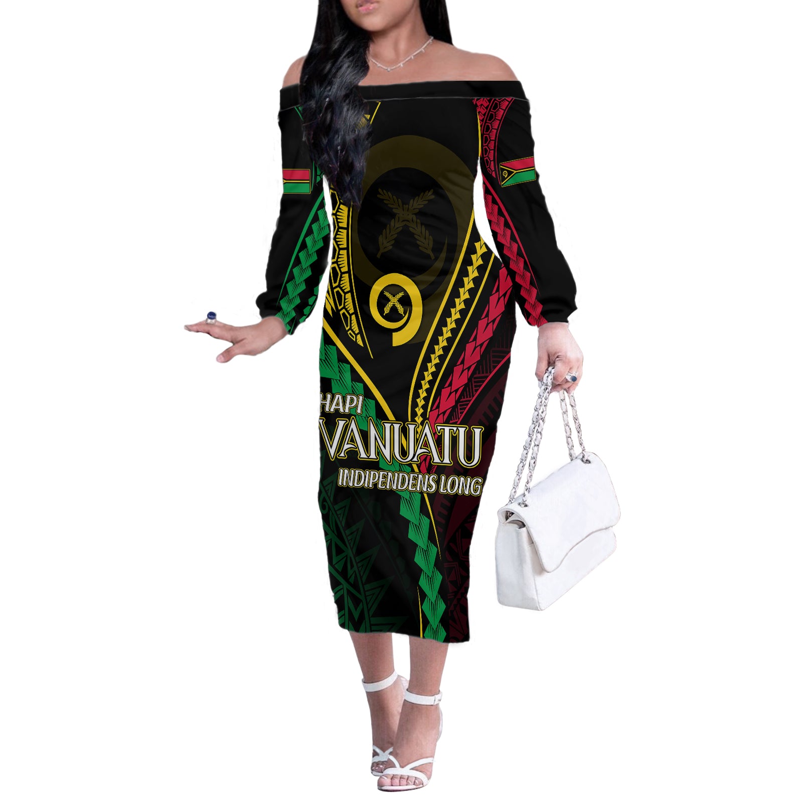 Personalised Vanuatu Off The Shoulder Long Sleeve Dress 43rd Hapi Indipendens Long LT7 Women Black - Polynesian Pride