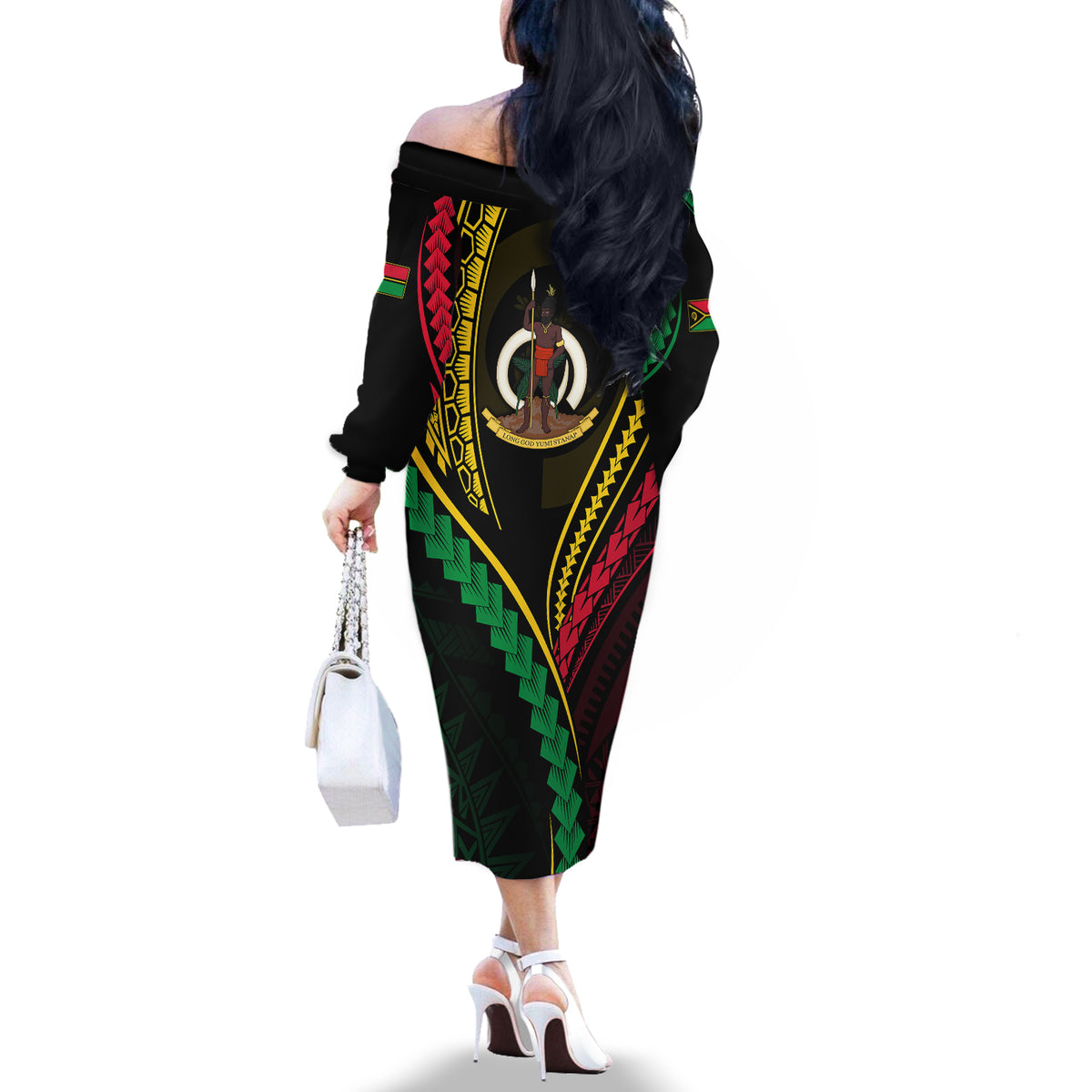 Personalised Vanuatu Off The Shoulder Long Sleeve Dress 43rd Hapi Indipendens Long LT7 - Polynesian Pride