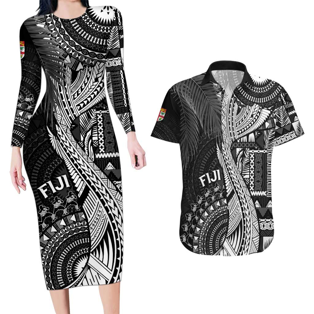 Fiji Rugby Personalised Bula Masi Couples Matching Long Sleeve Bodycon Dress and Hawaiian Shirt Fish Tail Kaivity Cibi - Black