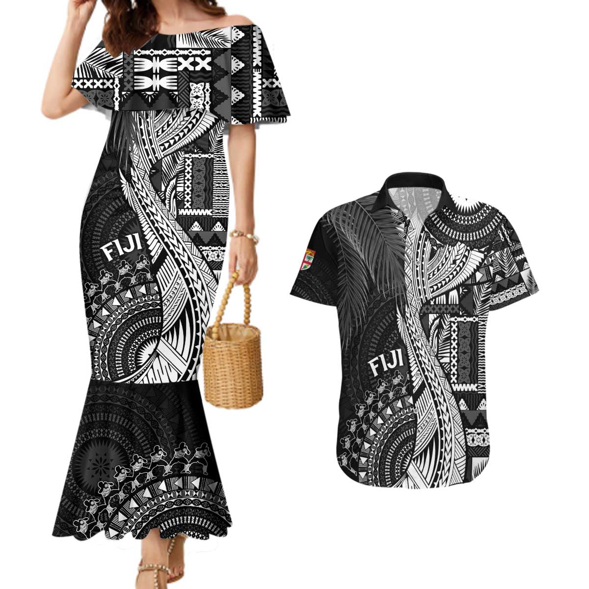 Fiji Rugby Personalised Bula Masi Couples Matching Mermaid Dress and Hawaiian Shirt Fish Tail Kaivity Cibi - Black