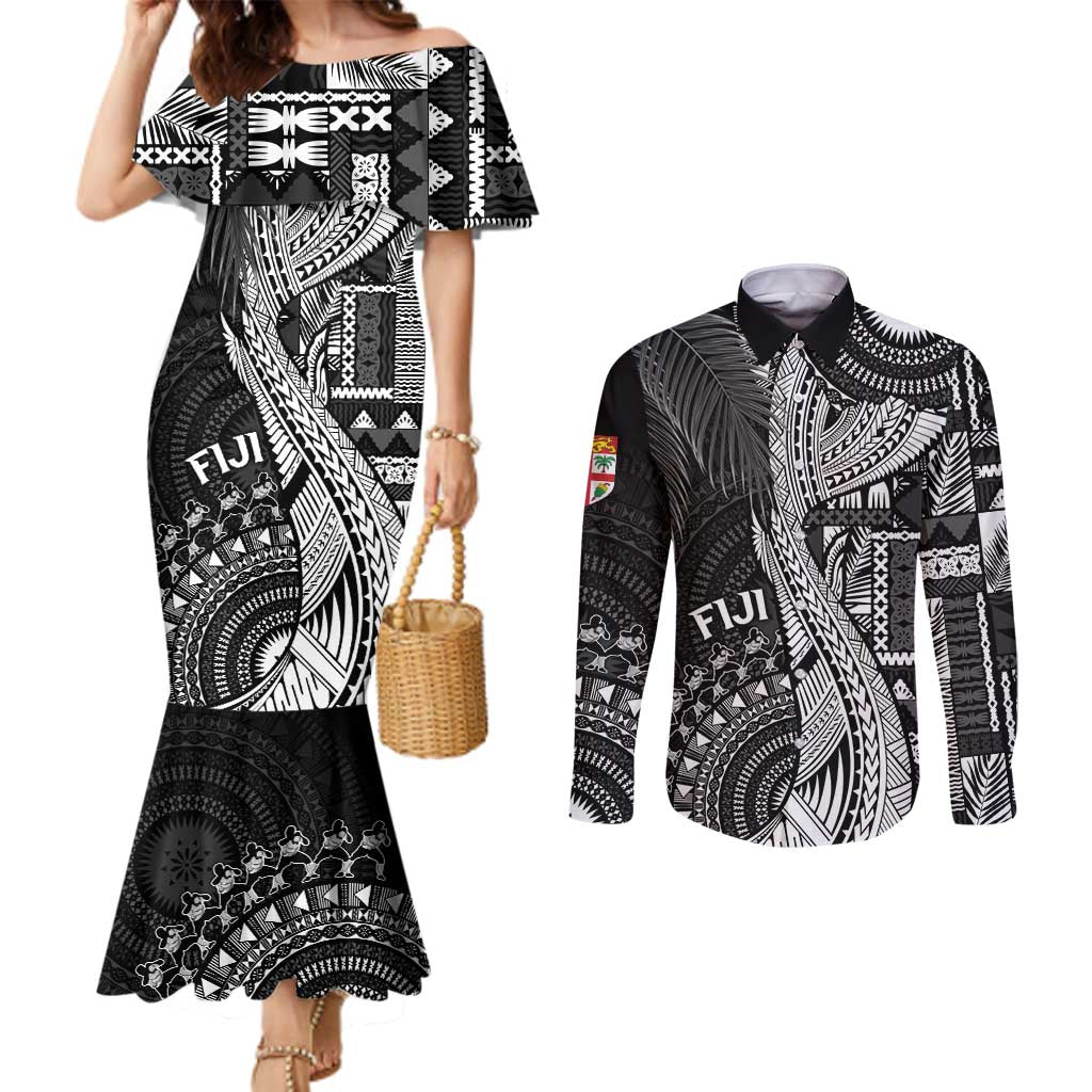 Fiji Rugby Personalised Bula Masi Couples Matching Mermaid Dress and Long Sleeve Button Shirt Fish Tail Kaivity Cibi - Black